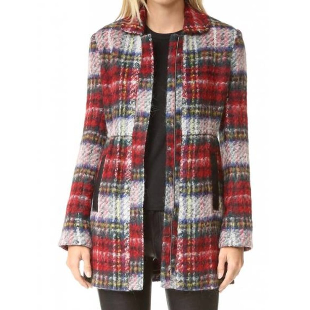 L'AGENCE Martine Zip-Front Coat Multicolour Plaid Wool Mohair Alpaca, Sz M